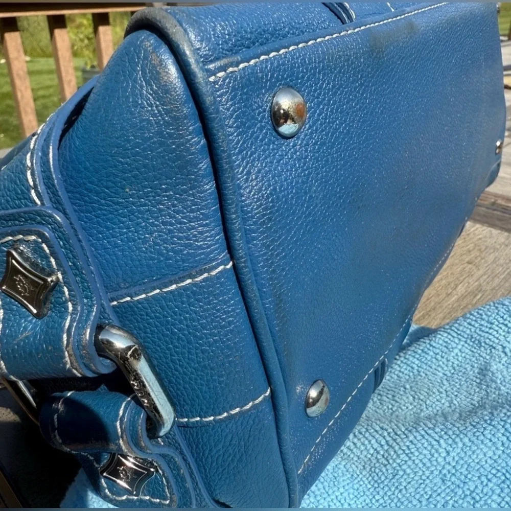 MCM Vintage Luxury Blue Leather Satchel Boston Bag with Silver Accents GUC